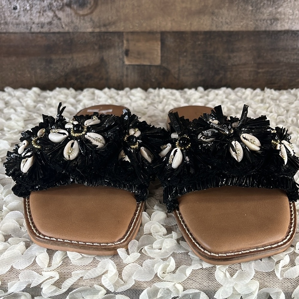 Chico’s Sandals Sz 6.5 Black Raffia and Shell Slides leather shoes - Picture 2 of 5
